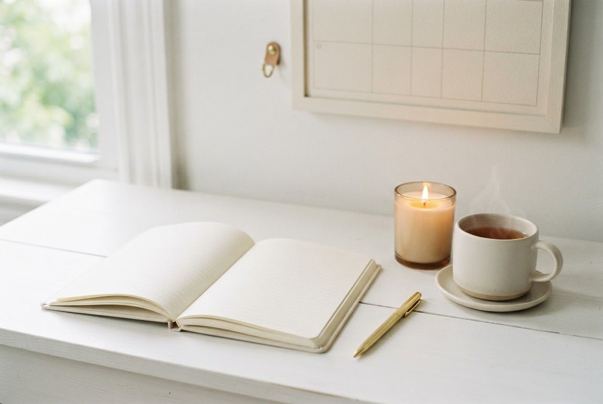 Cream wall planner, an open journal, a pen and a lit glass candle on a tidy white desk in morning light