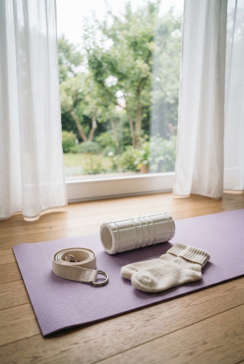 Soft beige stretching strap, a white foam roller and cream knit socks on a lavender yoga mat beside a window with sheer curtains