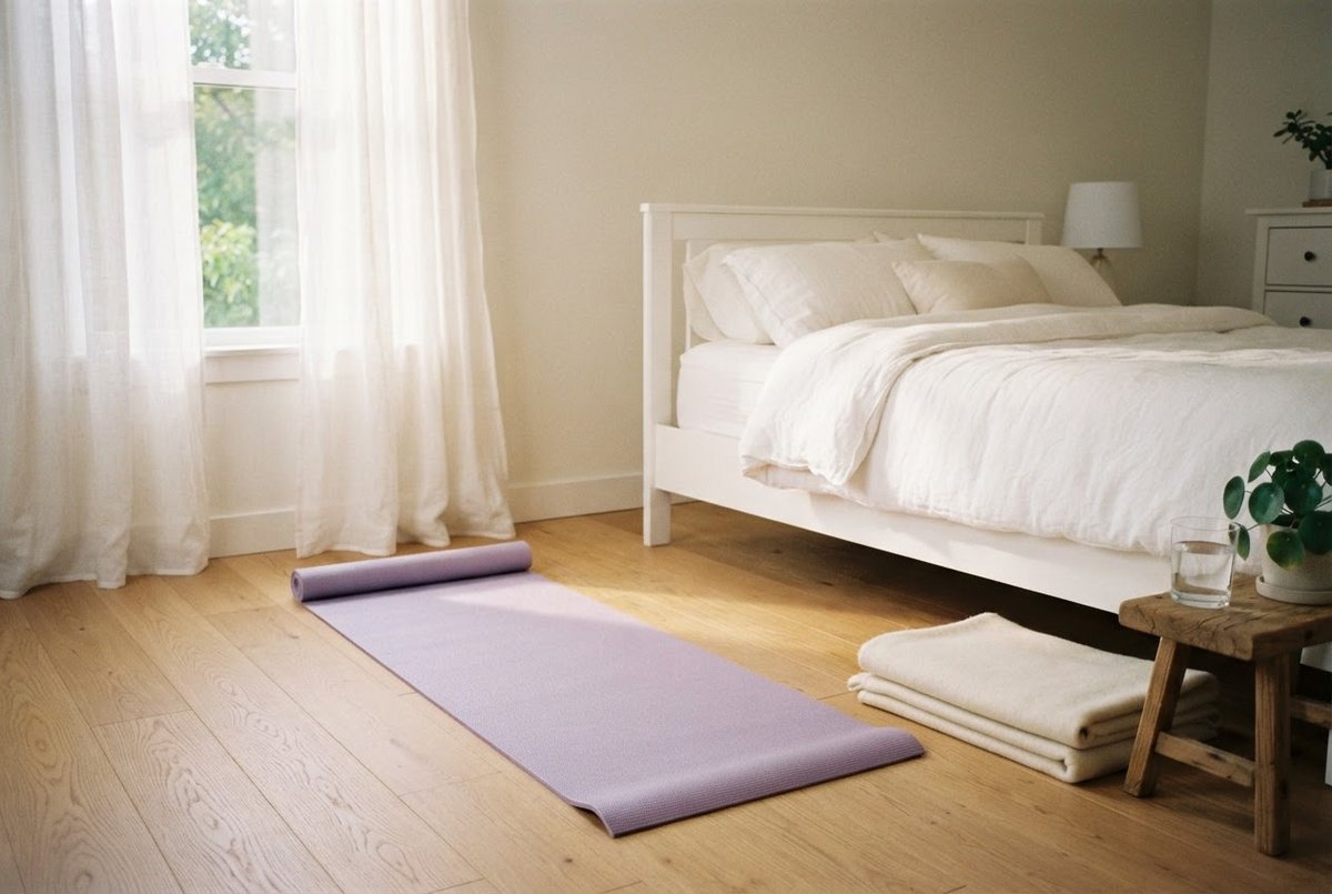 Lavender yoga mat unrolled on a light wooden floor next to a white bed, with a folded cream blanket and a glass of water in soft morning light