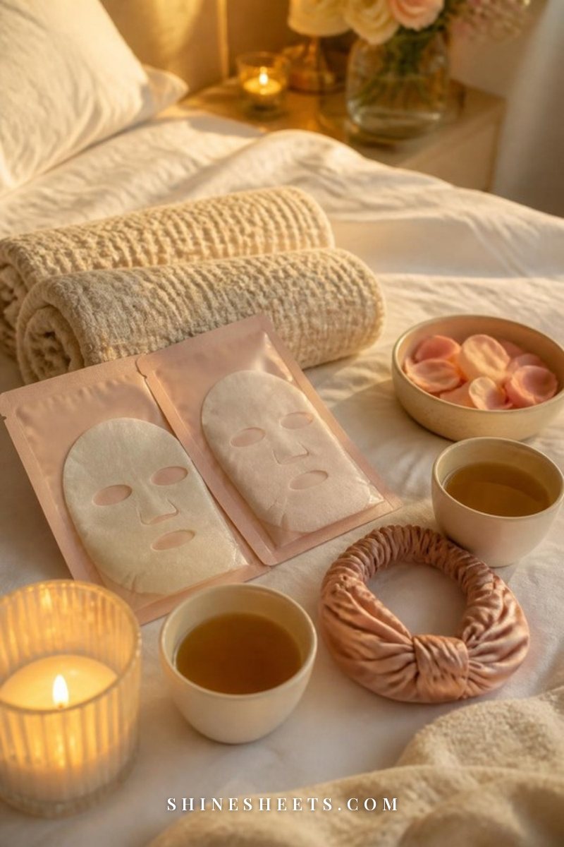 A cream and blush at-home spa night setup for two with rolled towels, sheet masks, a glass candle and two cups of tea on a white linen bed
