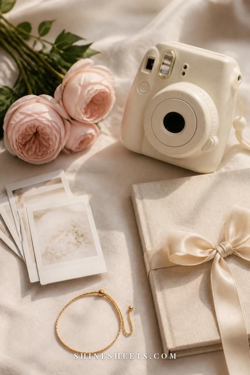 A cream instant camera resting beside a small stack of blank white instant photos and a sprig of blush roses on an ivory linen surface