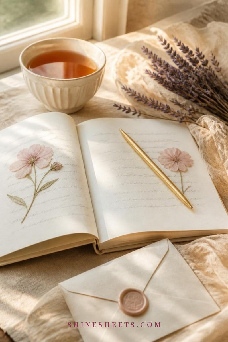 An open cream guided memory journal with a gold pen, pressed flowers and a cup of tea on a beige linen tablecloth in soft window light