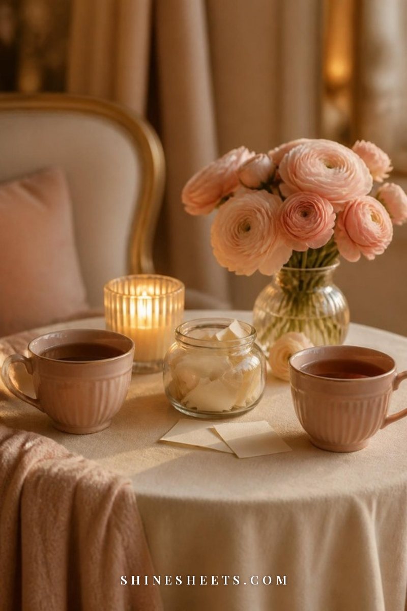 Two cups of tea, a small glass jar of folded blank paper slips and a lit glass candle on a cream linen table in warm evening light