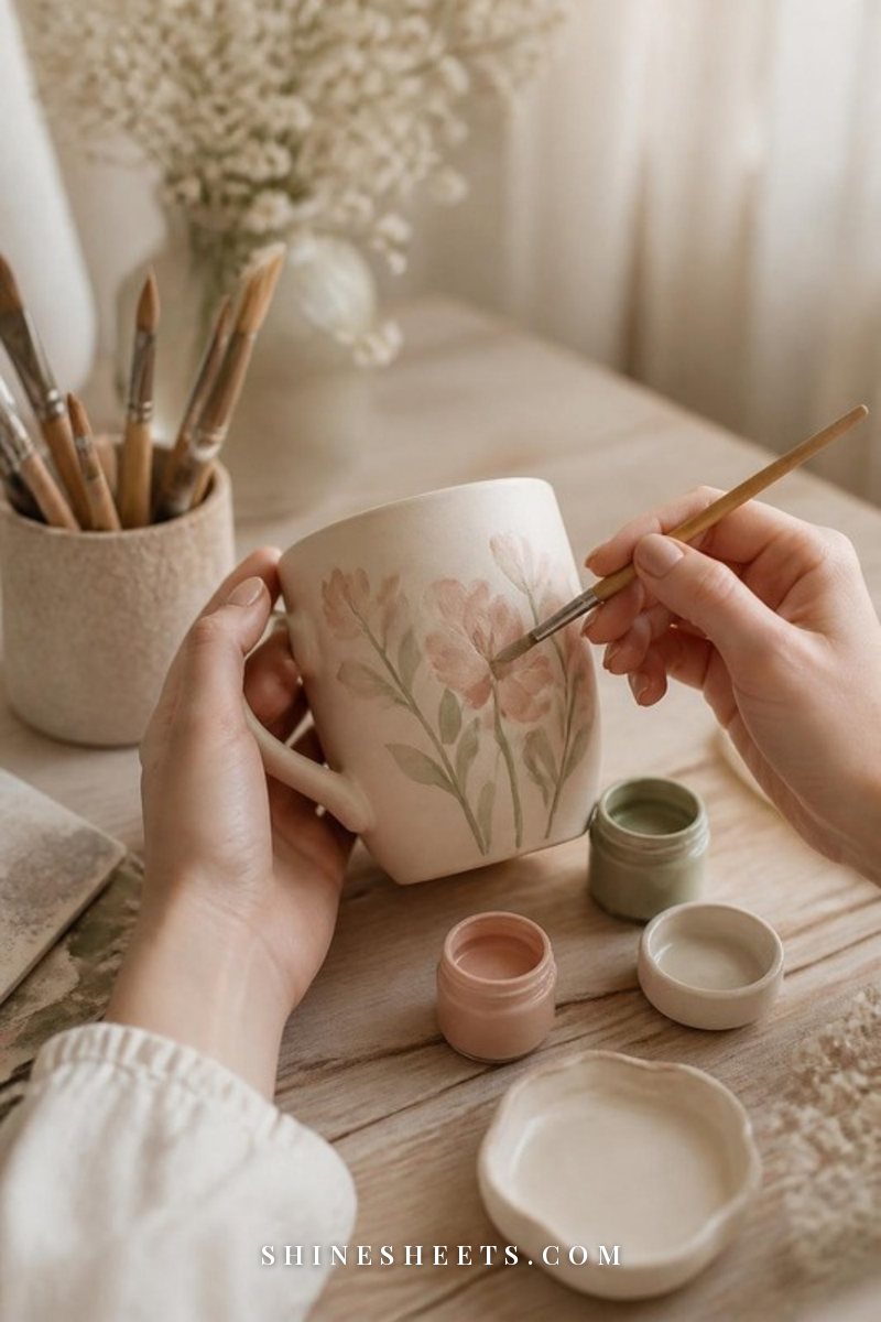 Two hands painting a cream ceramic mug with blush and sage florals on a wooden table with small paint pots and brushes in soft daylight