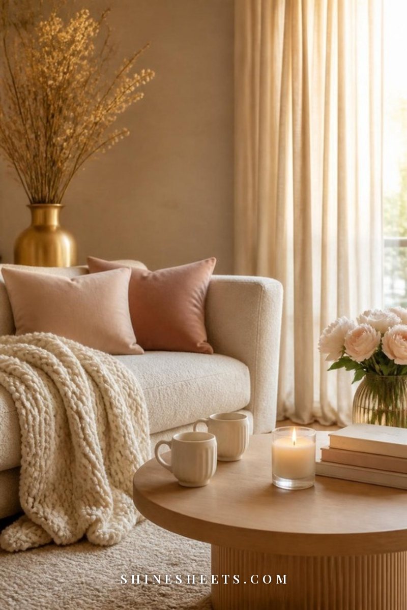 Calm shared living room with a cream sofa, a soft knit throw, two matching mugs on a wooden coffee table and a lit glass candle