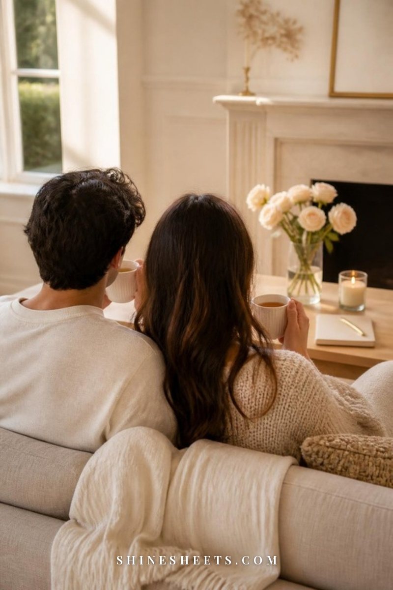A couple seen from behind sitting close on a cream sofa, holding mugs of tea, with a blank notepad and pen on the coffee table