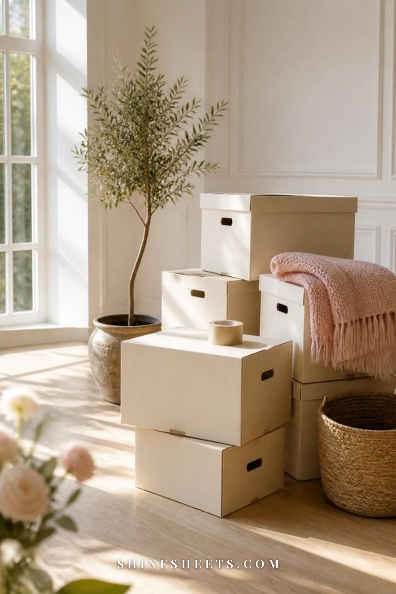 Neatly stacked plain cream moving boxes, a roll of tape and a folded blush throw in a bright, empty room with wooden floors