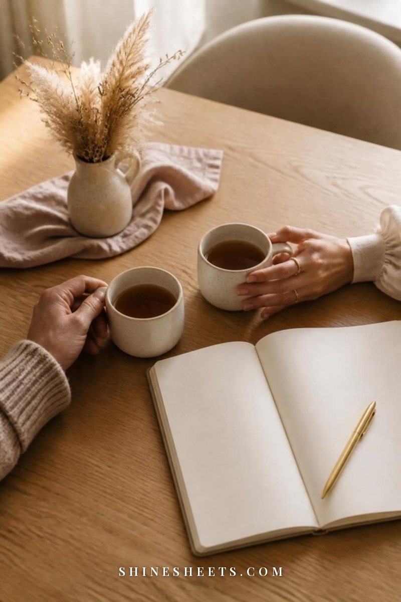 Two cream mugs of tea, an open blank notebook and a pen between a couple's hands on a wooden table in soft light