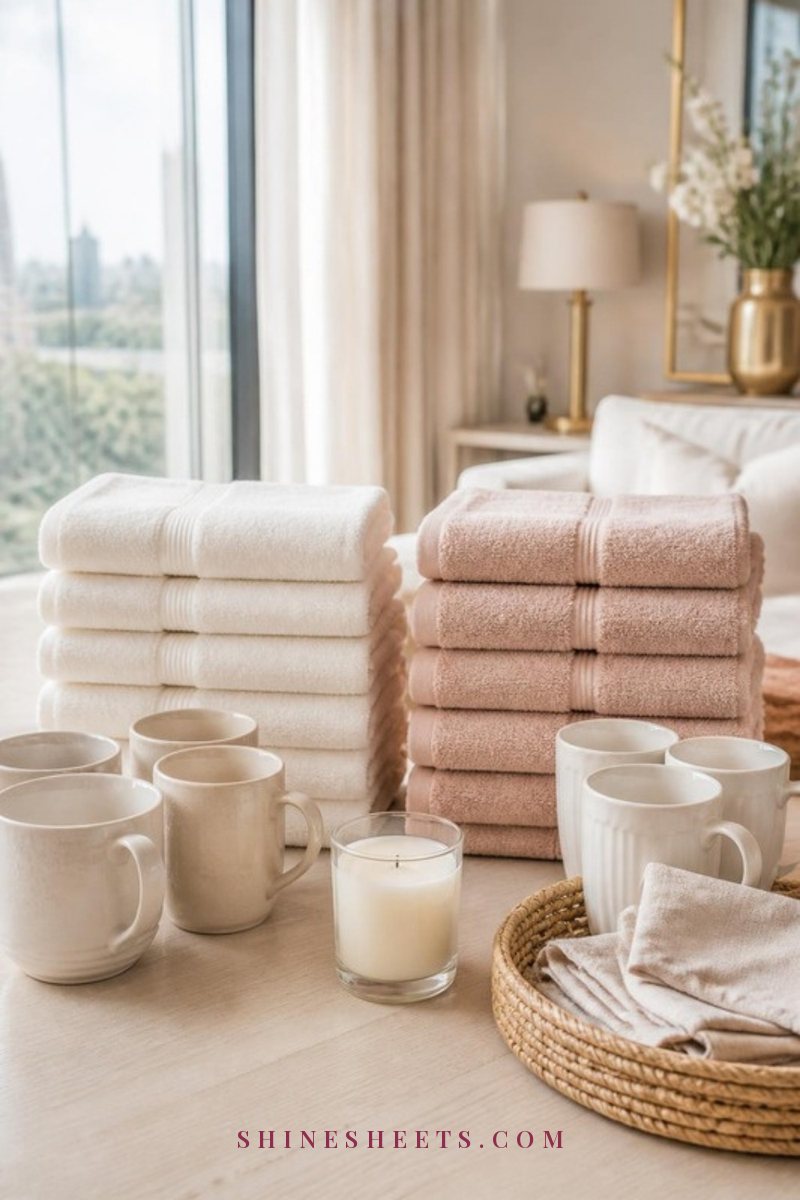 Two neat stacks of folded cream and blush towels and two sets of white ceramic mugs side by side on a light wooden table