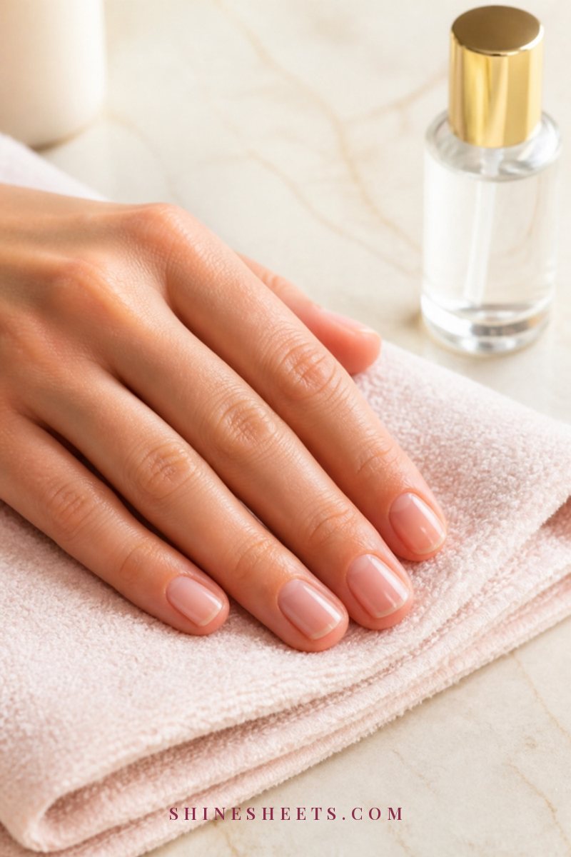 Close-up of a woman's hand with clean, short natural nails being finished with a sheer clear coat on a blush towel