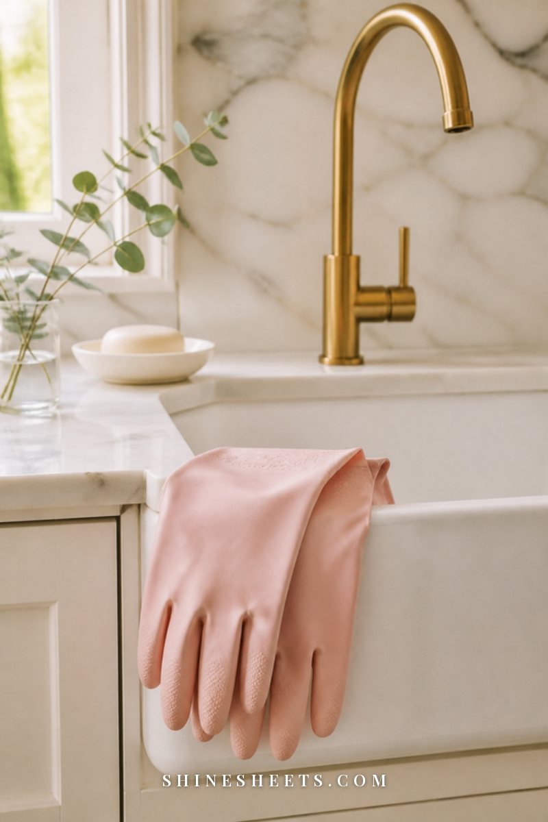 Pair of blush pink rubber cleaning gloves draped over the edge of a white ceramic sink with a sprig of eucalyptus