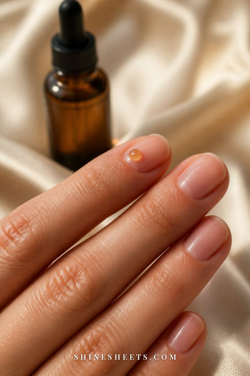 Woman's fingertips with sheer pink natural nails and a drop of golden cuticle oil on the nail fold, cream background