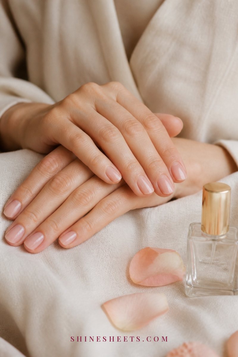 Woman's hands with short natural nails and a sheer pink finish resting on cream linen beside a small clear glass bottle