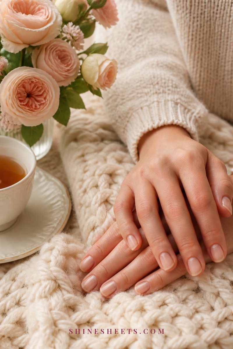 Woman's relaxed hands with healthy, short natural nails resting on a cream knit blanket next to blush roses
