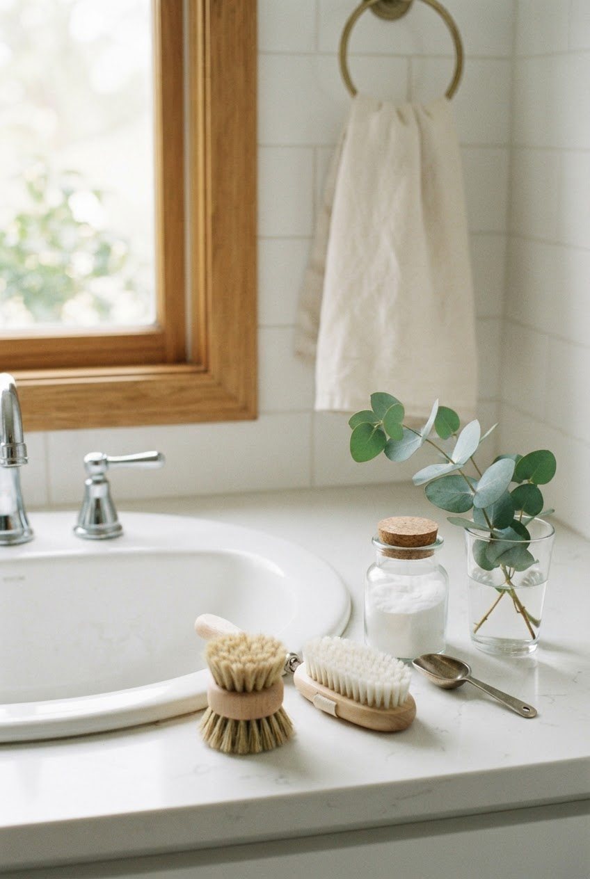 Cream scrub brushes, a glass jar of baking soda and a sprig of eucalyptus beside a white bathroom sink