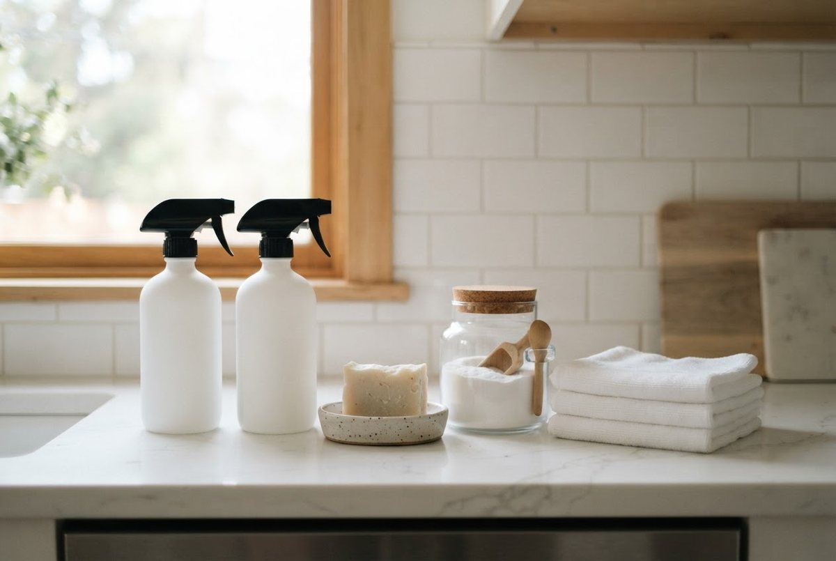 White glass spray bottles, a bar of soap, a jar of baking soda and folded microfiber cloths on a white kitchen counter in soft daylight
