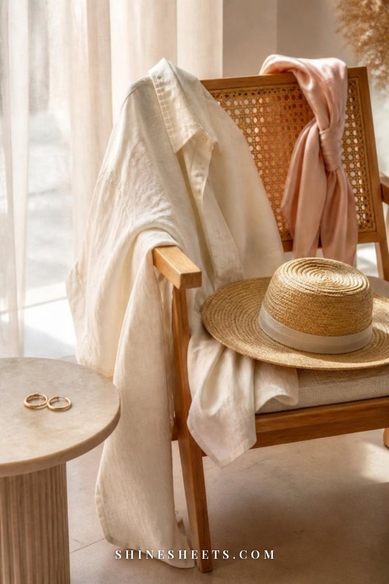 Beige wide-brim straw hat, cream linen women's shirt and a blush silk neck scarf styled on a wooden chair in sunlight