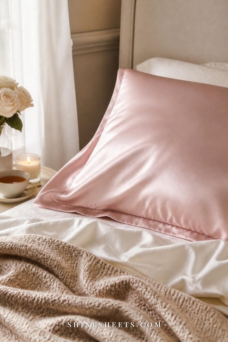 Blush pink silk pillowcase on a neatly made bed with cream linen sheets in soft morning light