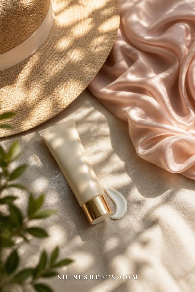 Cream mineral sunscreen tube, a beige straw sun hat and a blush silk scarf on a sunny linen surface