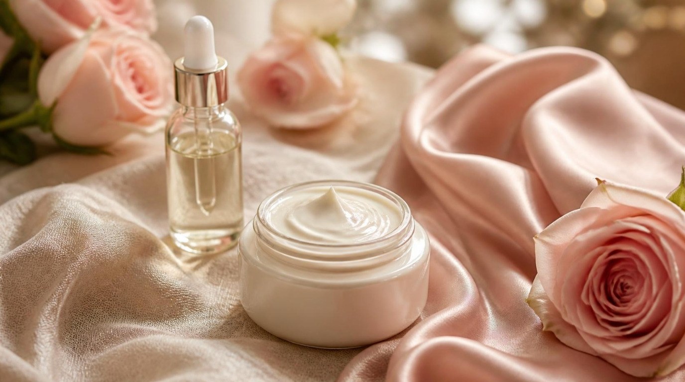 Open jar of neck cream and serum dropper bottle on blush silk with pink roses