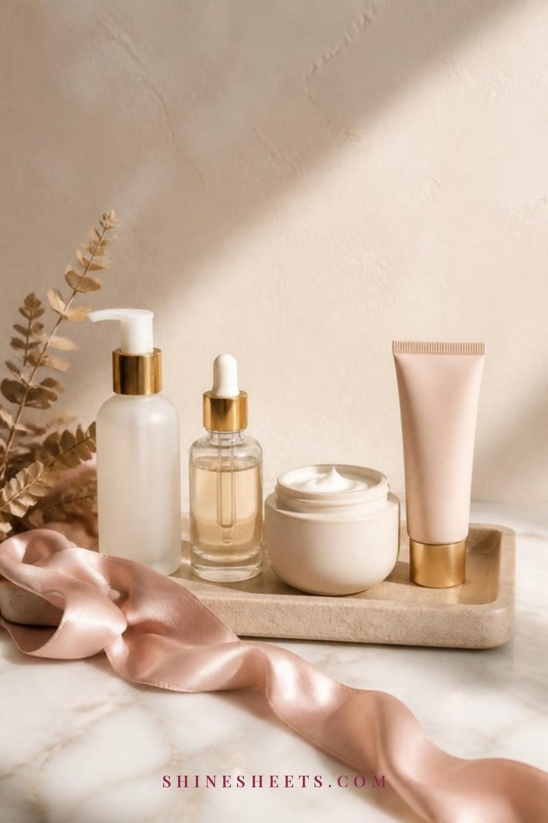 Gentle cleanser, serum dropper bottle, cream jar and sunscreen tube lined up on a cream linen tray in soft morning light