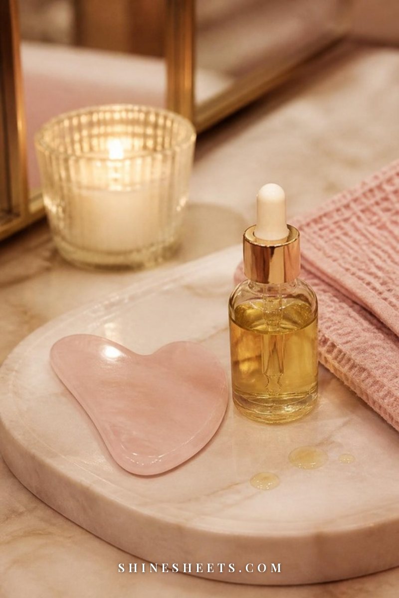 Rose quartz gua sha tool and a small glass bottle of golden facial oil on a cream marble tray with a blush towel