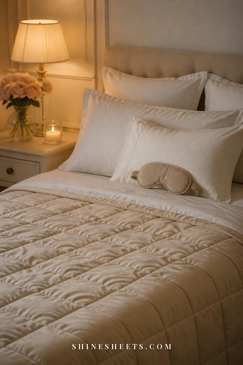 Cream weighted blanket spread over a white linen bed with a beige linen eye mask on the pillow