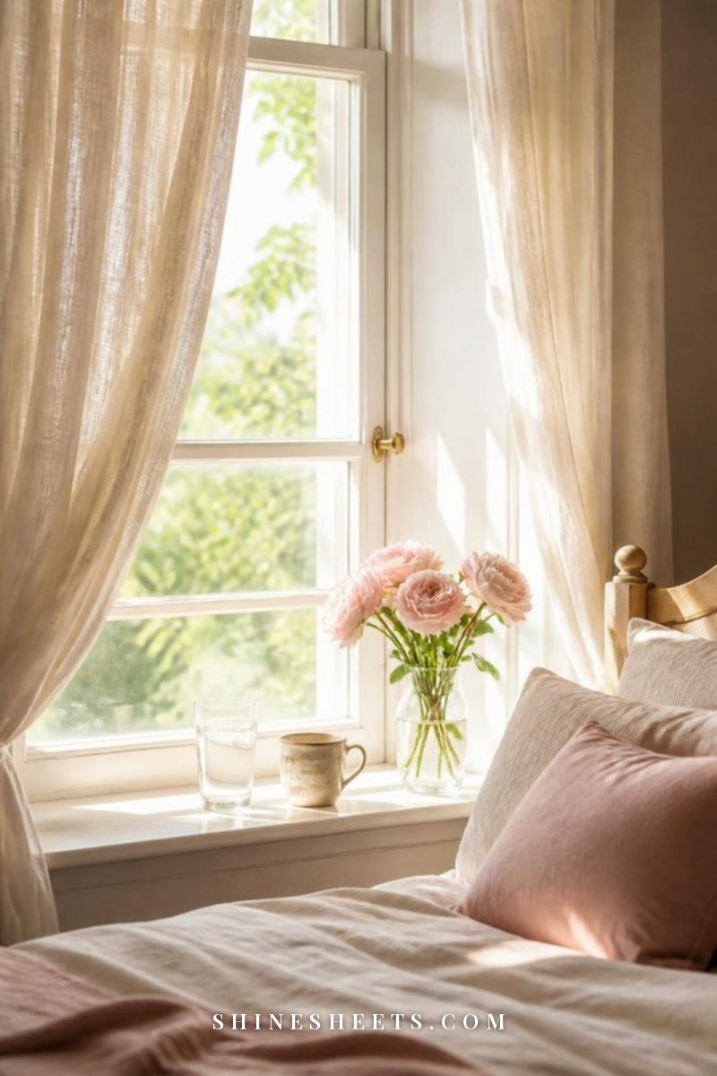 Glass of water and a cream ceramic mug on a sunny windowsill with sheer curtains pulled open in early morning light