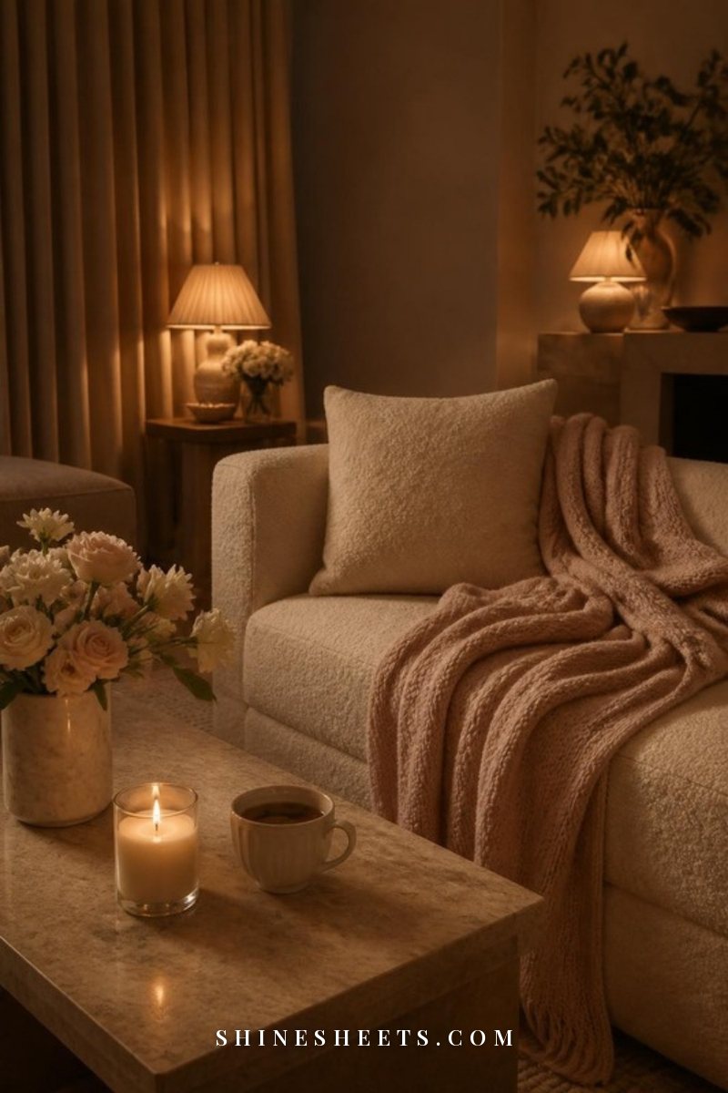 Softly lit living room in the evening with low lamps, a lit glass candle and a cup of herbal tea