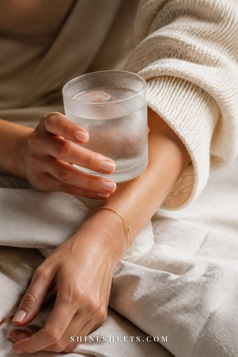 Woman's hands holding a cold glass of ice water against her wrist, cream knit sleeve, soft daylight