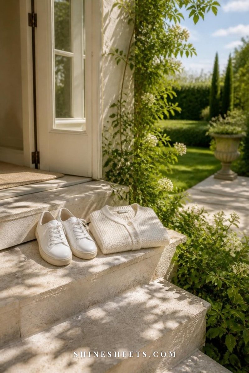 Women's white sneakers and a folded cream cardigan on sunlit stone steps leading into a green garden