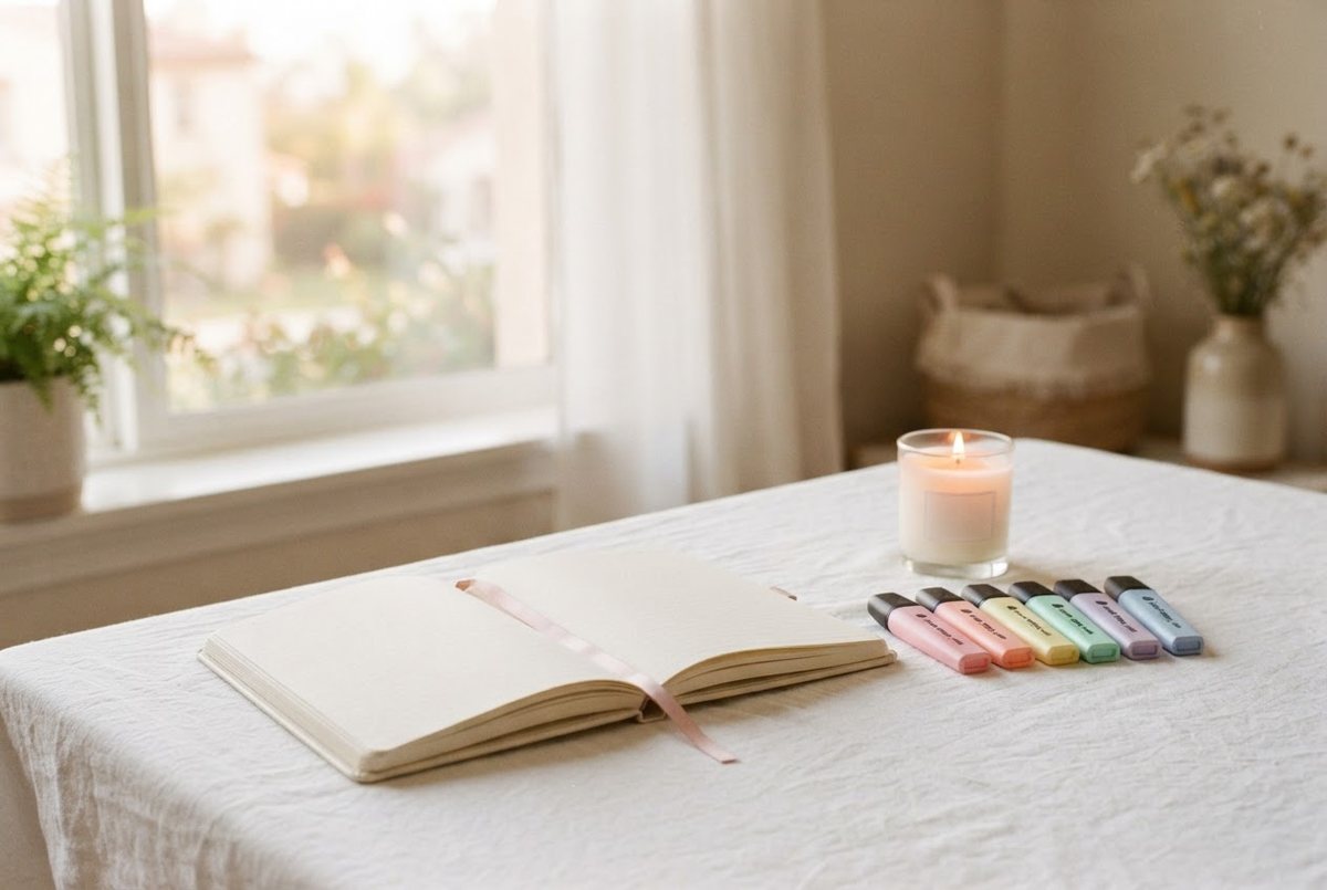 Open cream planner, pastel highlighters and a glass candle on a white linen desk by a window