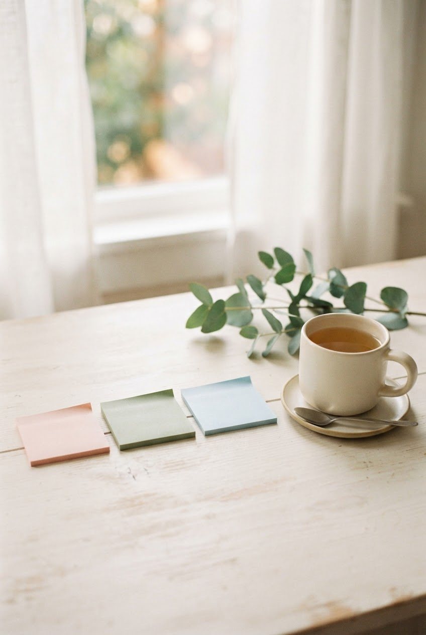 Three pastel sticky notes on a white desk beside a cream mug of tea and a sprig of eucalyptus