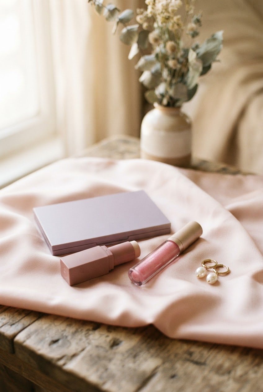Lavender eyeshadow palette, cream blush stick, pink gloss and pearl earrings on a blush satin cloth
