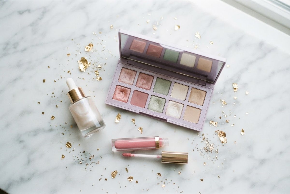 Pearl highlighter, lavender eyeshadow palette, pink lip gloss and gold confetti on a white marble surface