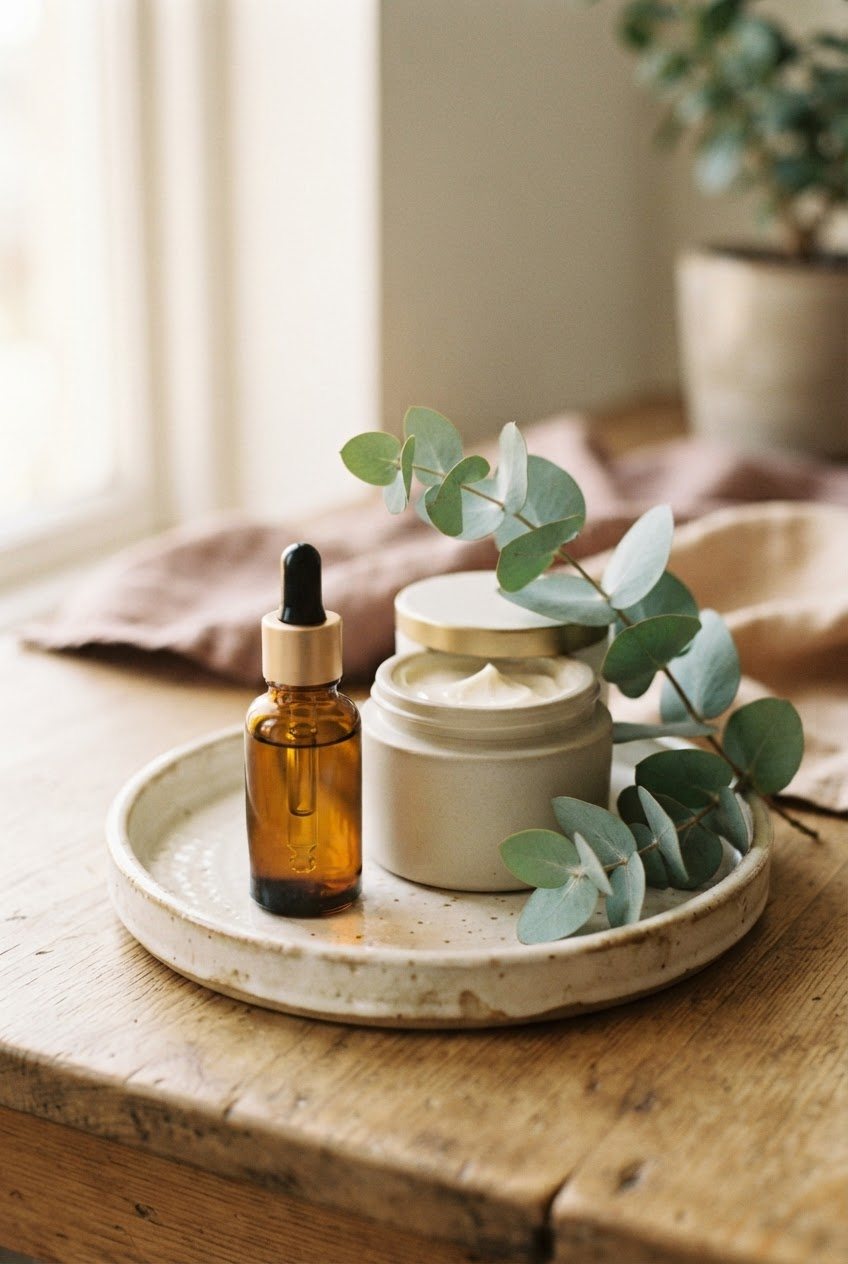 Small amber dropper bottle and a jar of cream on a cream ceramic tray beside a sprig of eucalyptus