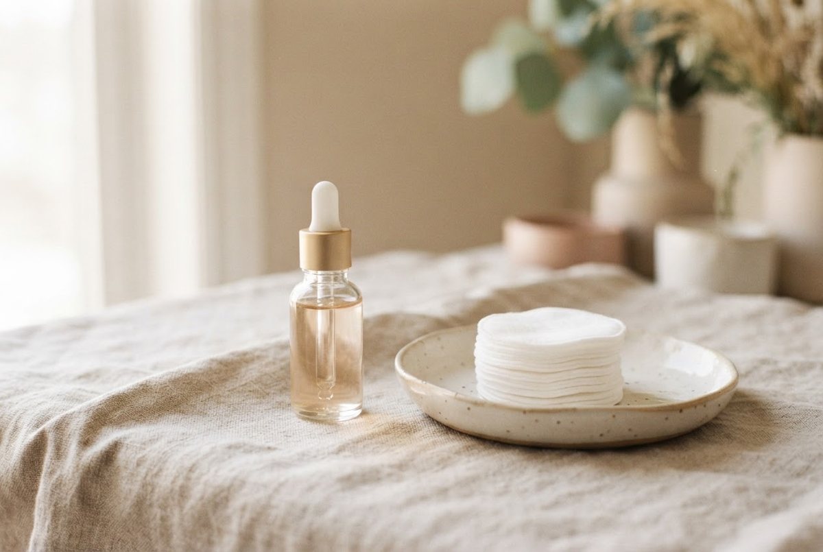 Clear glass dropper bottle, a cream ceramic dish and white cotton pads on a linen cloth in soft daylight