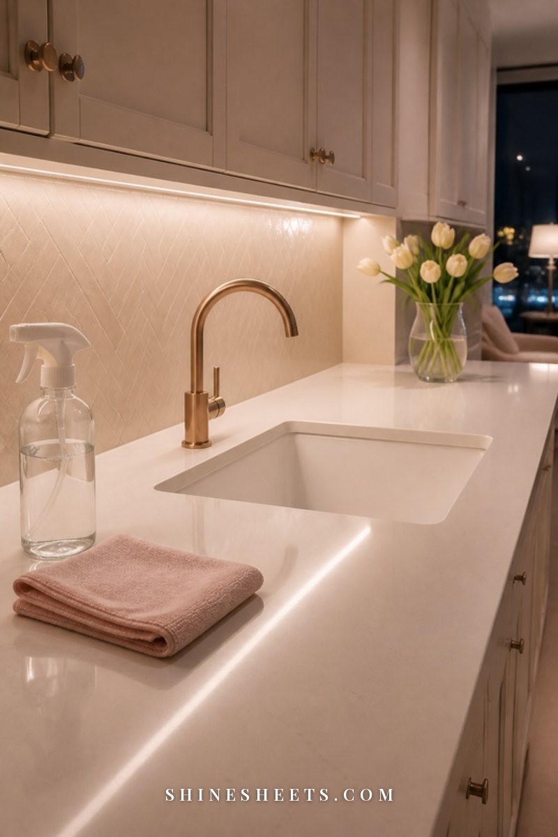 Clean white kitchen counter wiped clear with a folded blush microfiber cloth, a glass spray bottle and a single vase of tulips at night