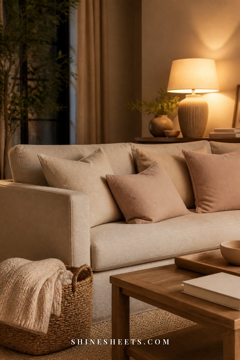 Linen sofa with plumped cream cushions and a knit throw folded neatly in a woven basket beside it