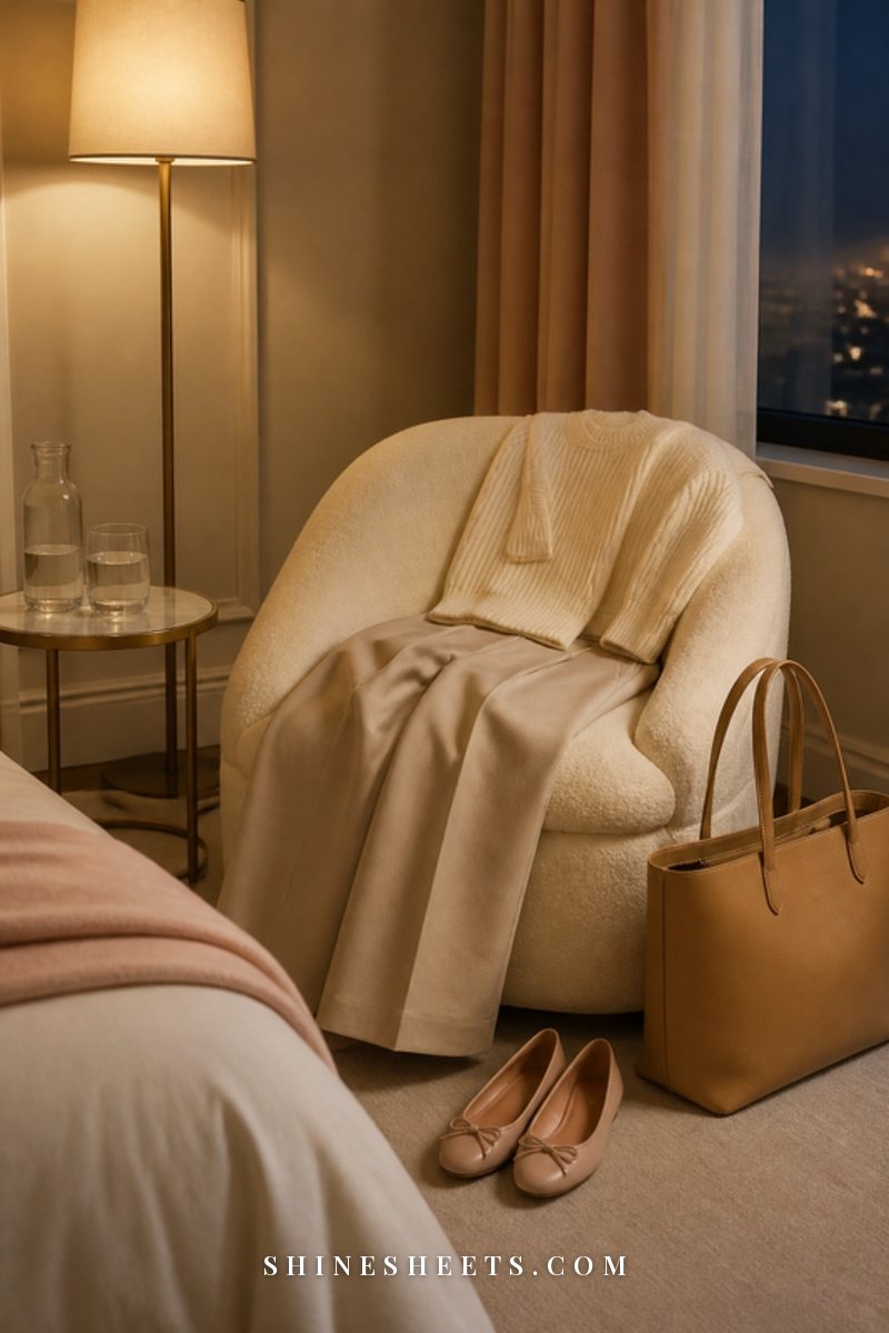Women's cream knit sweater and trousers laid on a bedroom chair with a leather tote bag and a glass water carafe on a side table