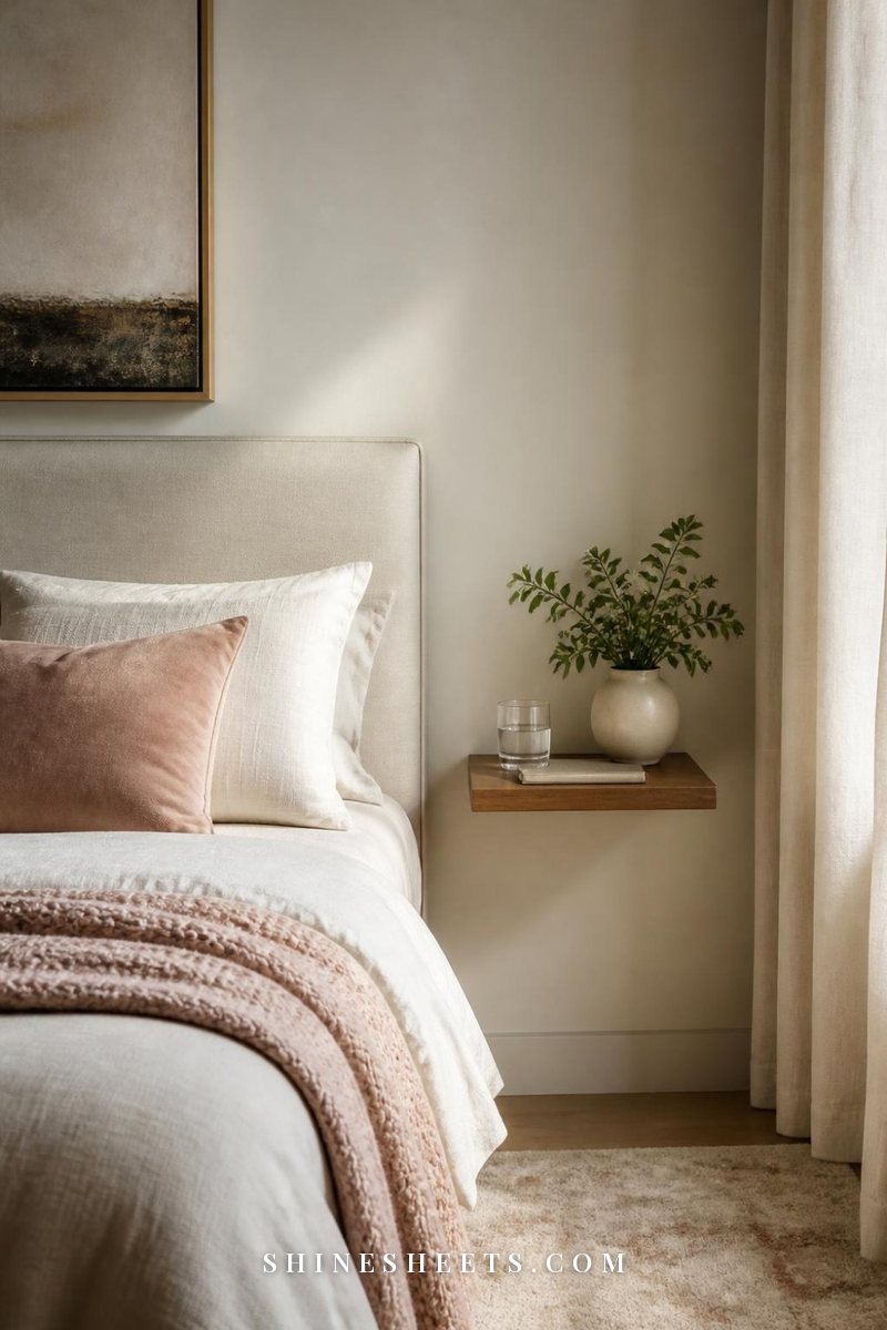 Floating shelf and a stool used as nightstand alternatives beside a bed