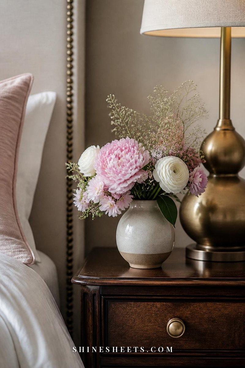 Small vase of fresh flowers on a nightstand beside the lamp
