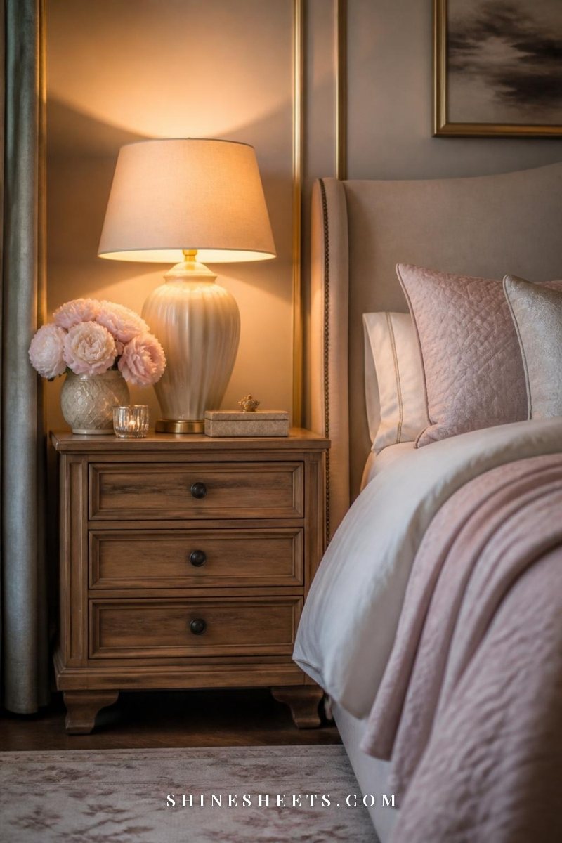 Nightstand with a cream ceramic lamp glowing warmly
