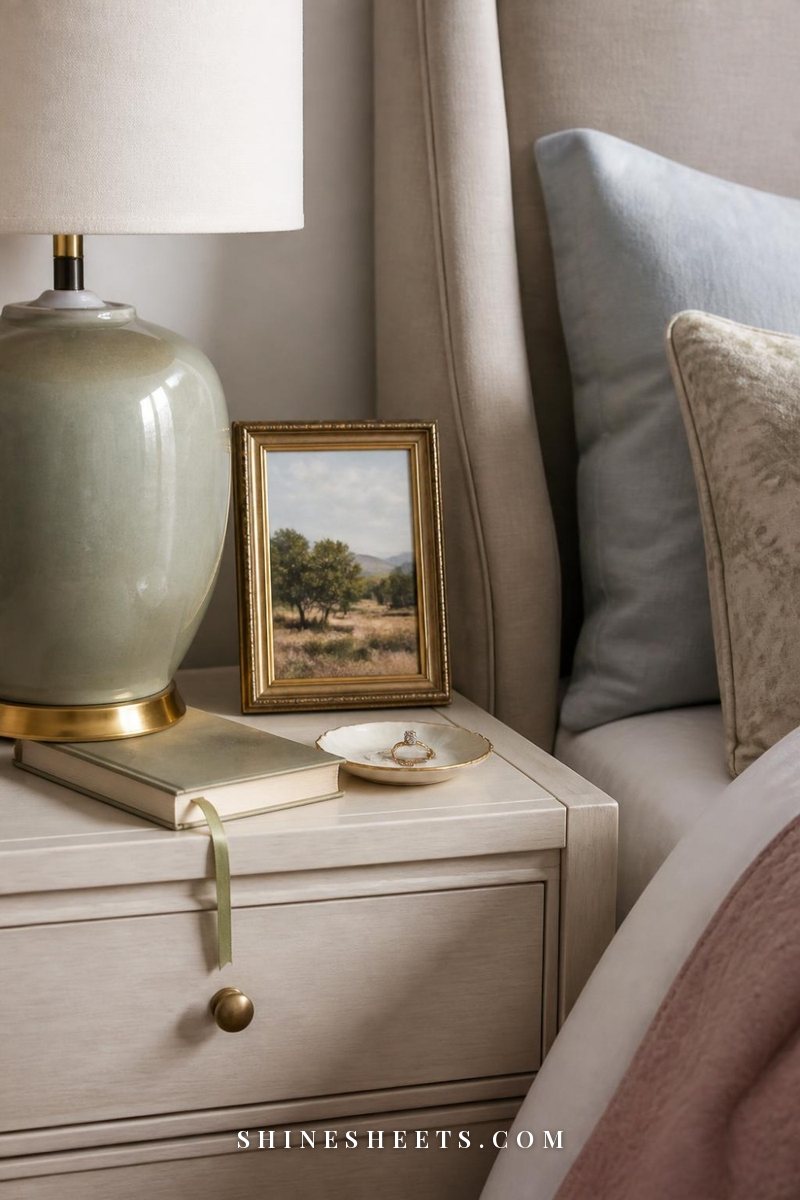 Small framed photo and a book on a nightstand as a personal touch