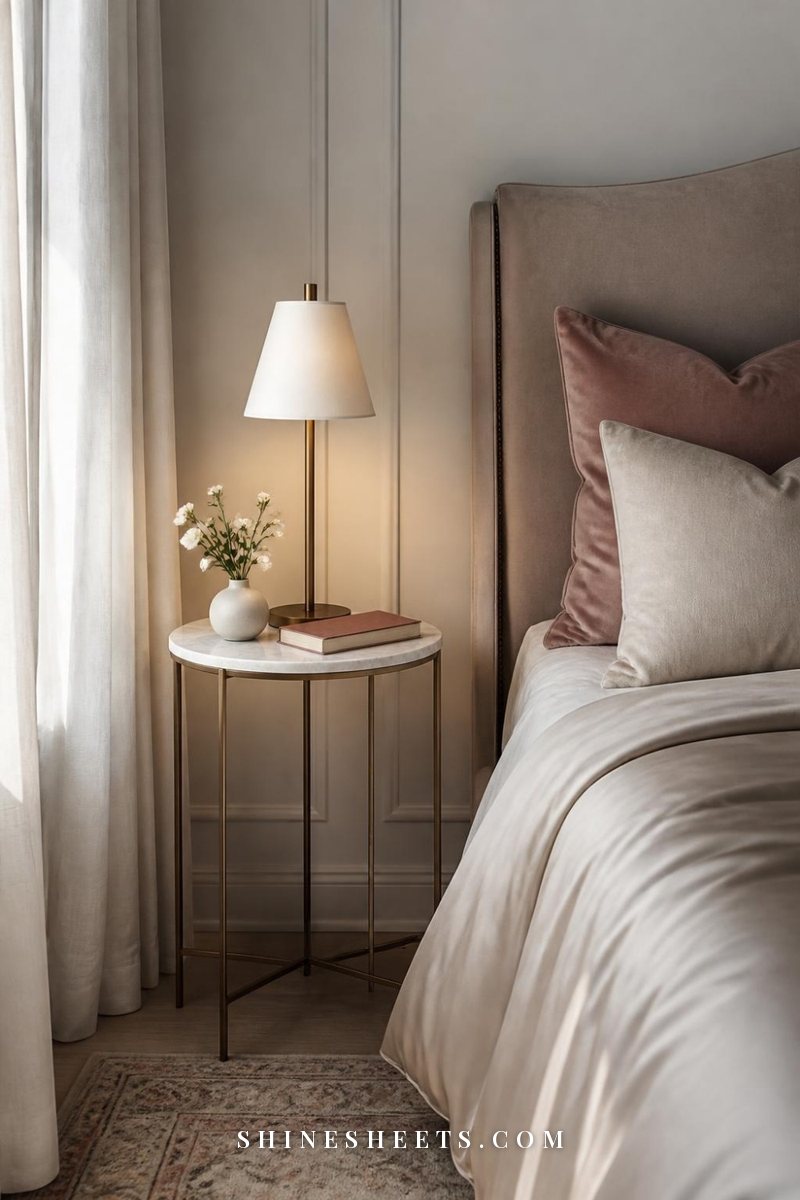 Tiny round nightstand styled with a slim lamp, a small vase and a book