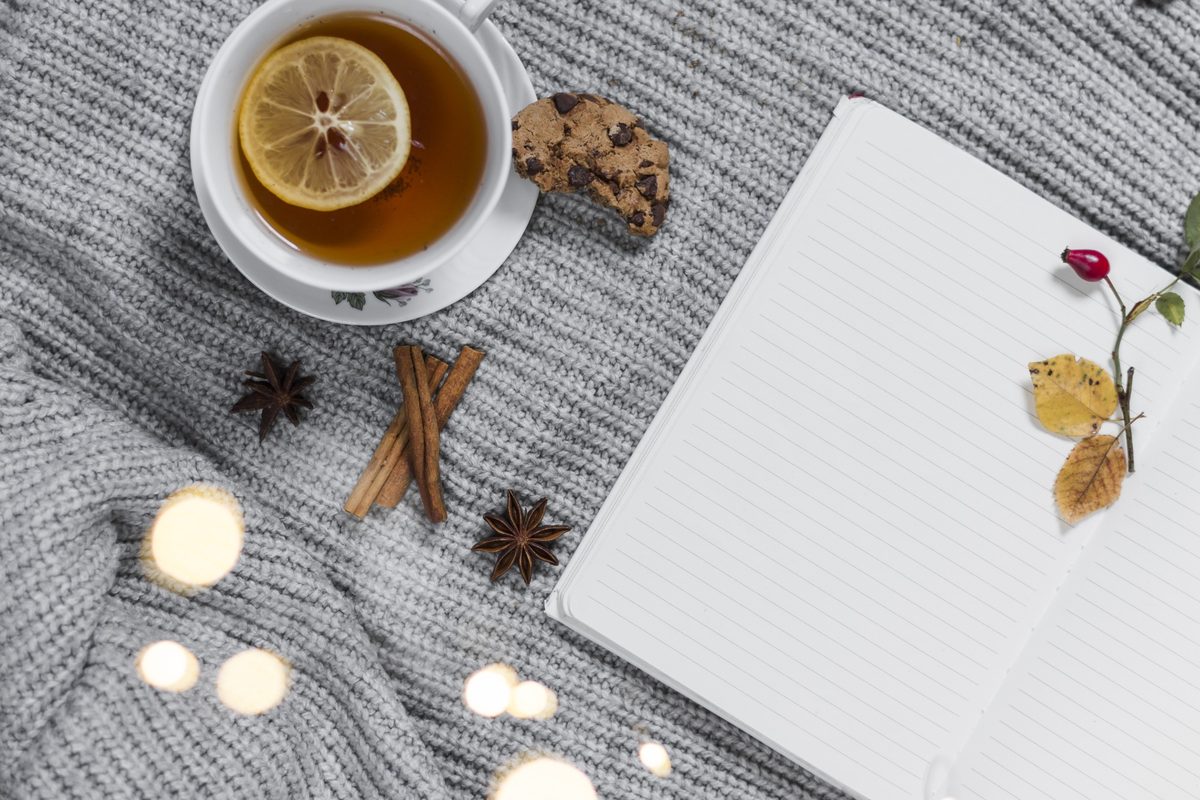Cup of lemon tea, an open notebook and cinnamon on a gray knit blanket