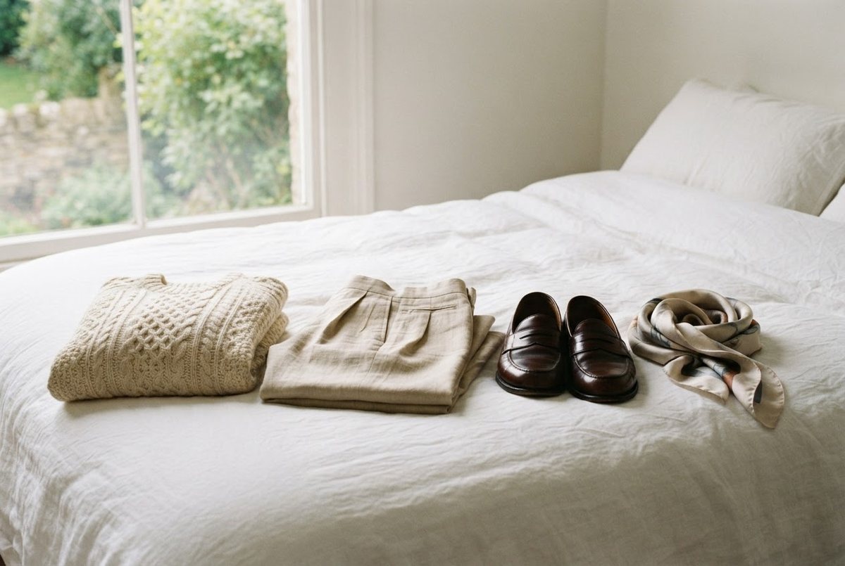 Cream cable knit sweater, beige pleated trousers, leather loafers and a silk scarf folded on a white linen bed