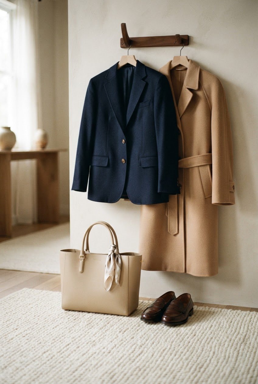 Navy blazer on a wooden hanger beside a camel coat, a structured beige tote and leather loafers on a cream rug