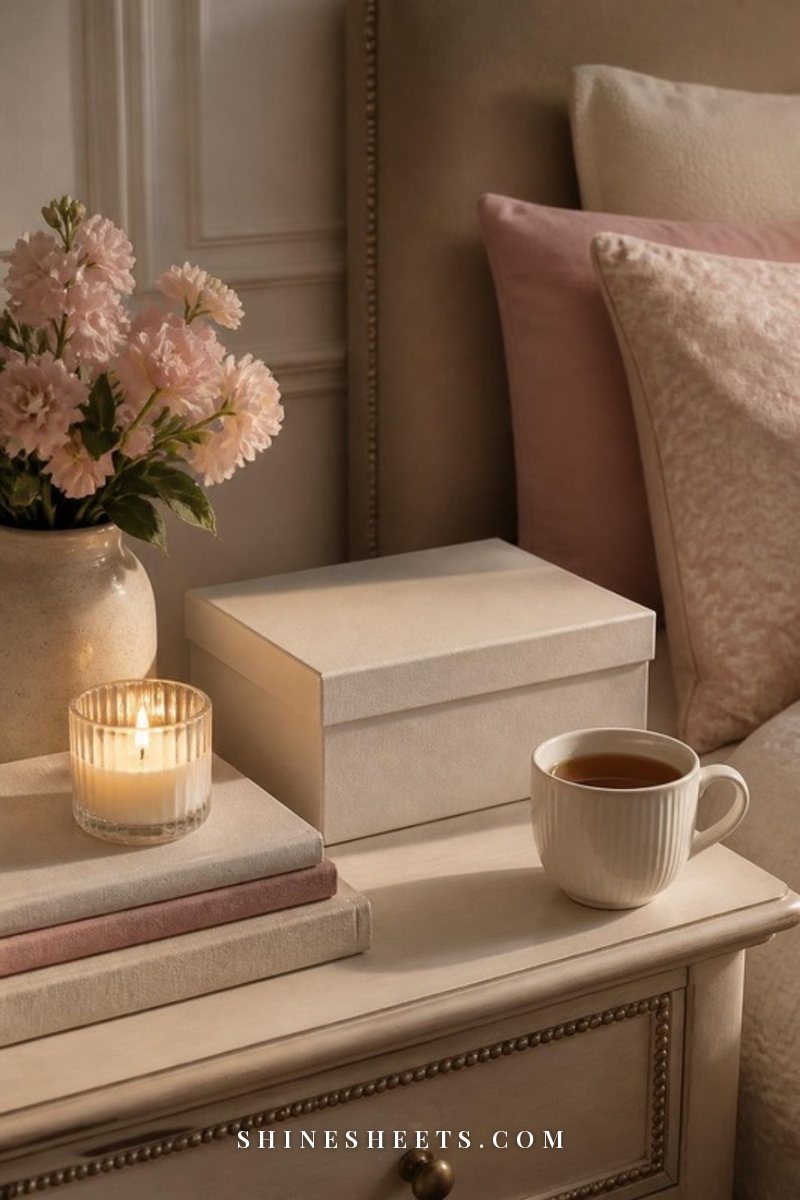 A glass jar candle glowing on a wooden nightstand next to a closed cream journal and a small vase of white flowers