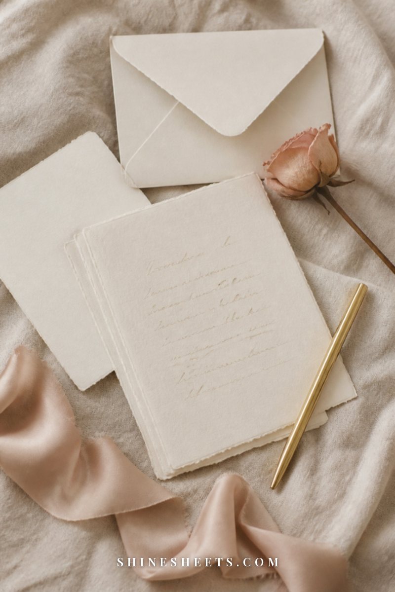 A handful of cream notecards and envelopes with soft illegible handwriting beside a dried rose on a linen surface